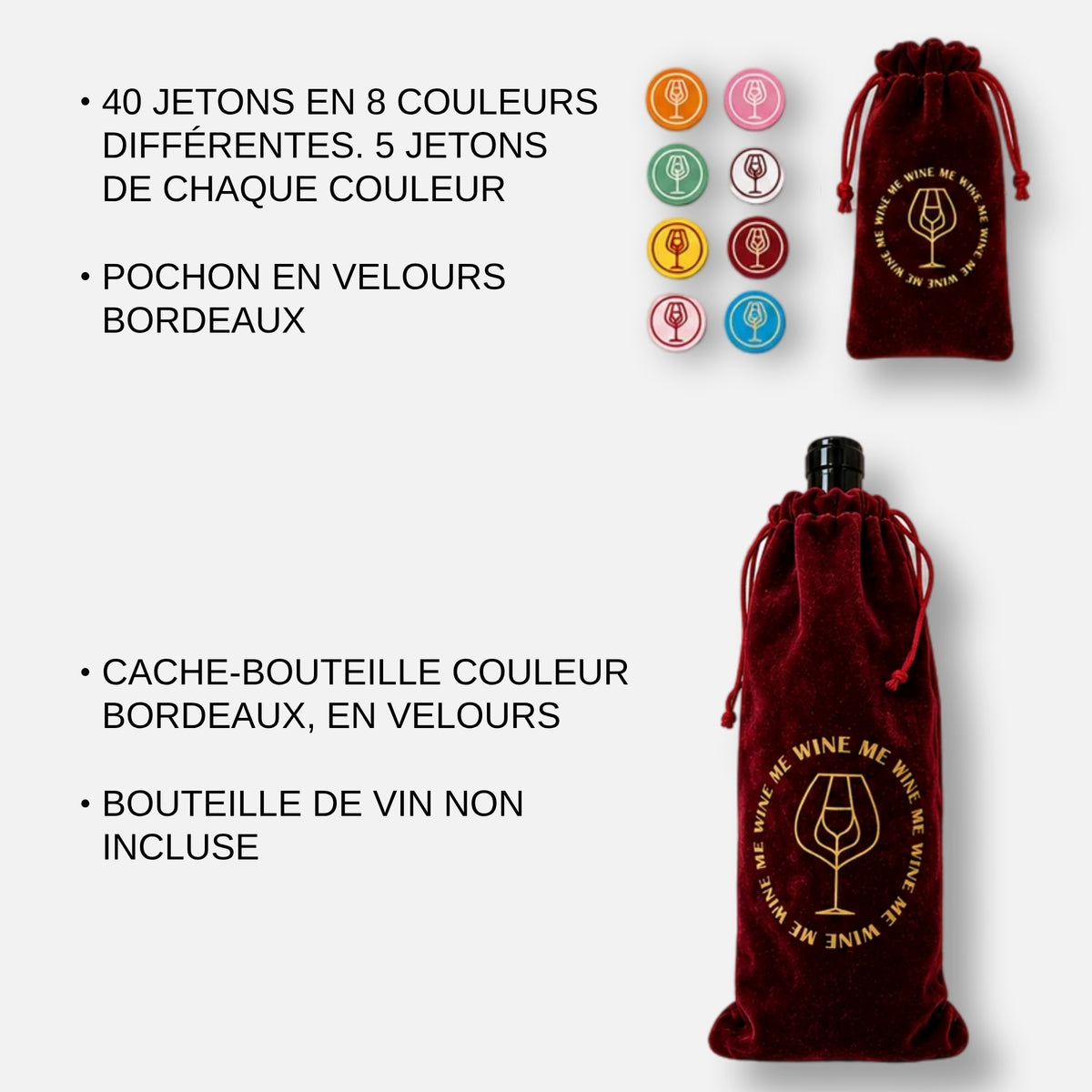 40 jetons Wine Me en 8 couleurs avec pochon en velours bordeaux et cache-bouteille assorti