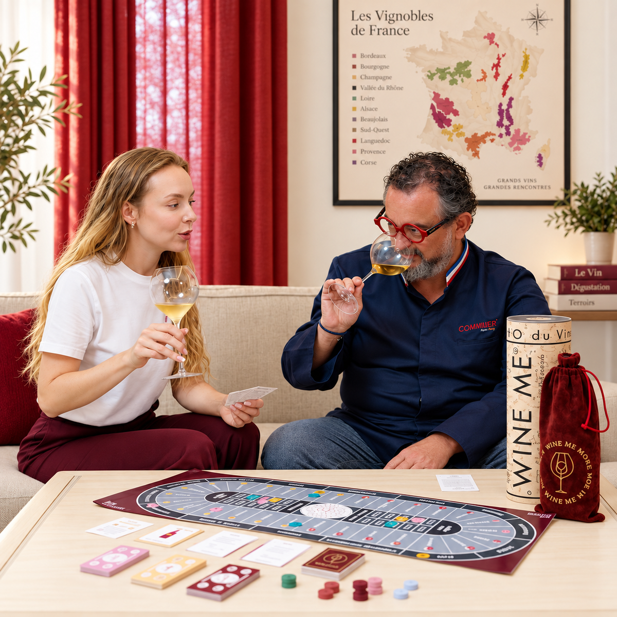 Deux personnes dégustent du vin et jouent au jeu de société Wine Me, avec le plateau, les cartes et les accessoires du jeu sur une table.
