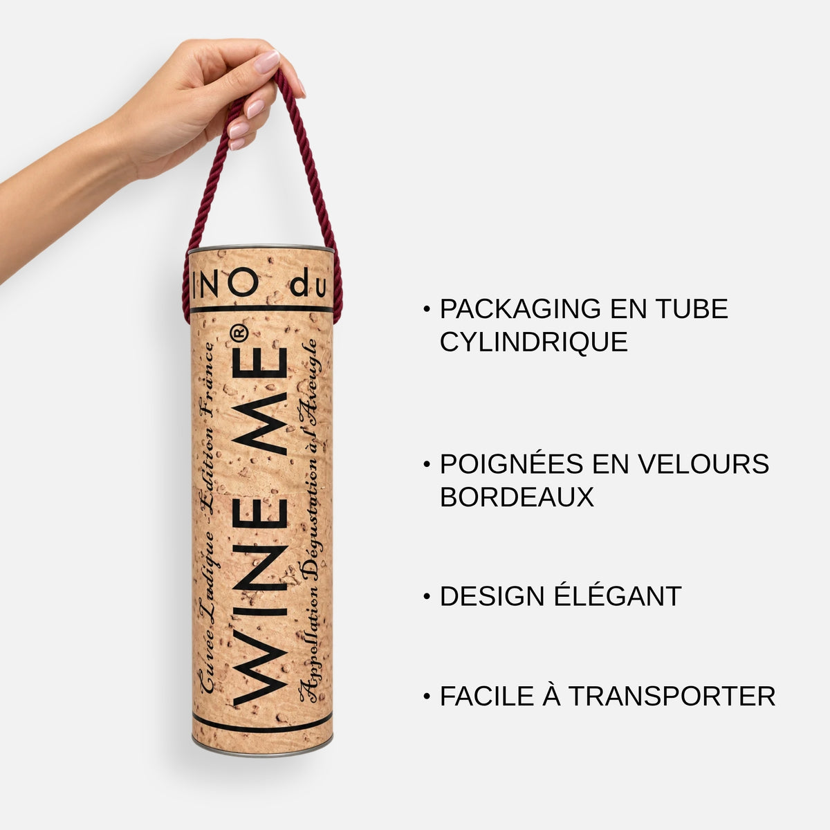 Packaging Wine Me en tube cylindrique avec poignées en velours bordeaux, élégant et facile à transporter