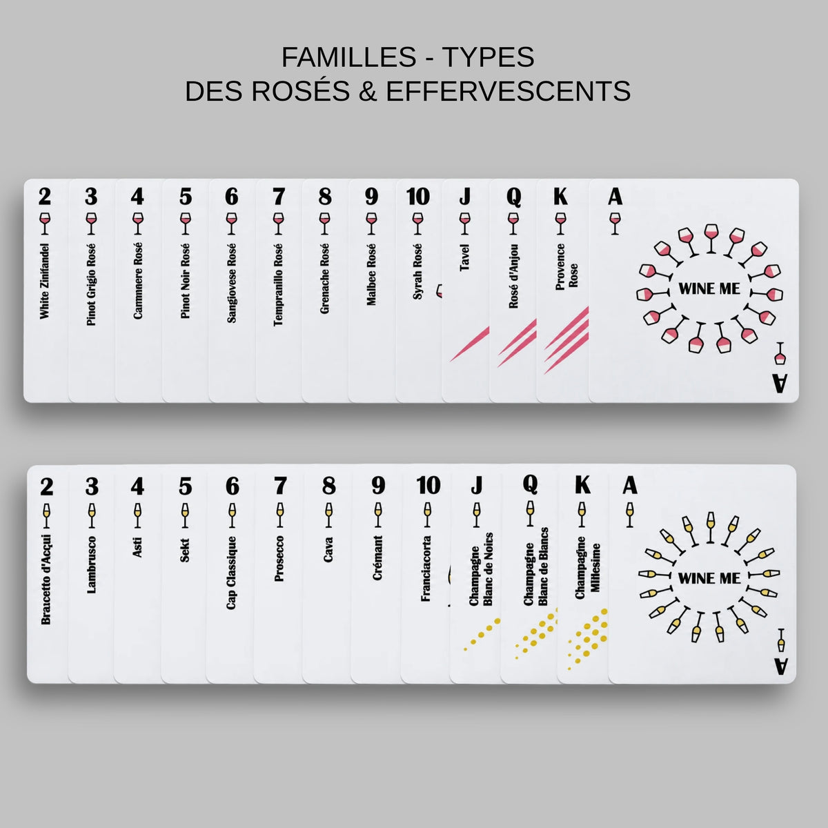 Jeu de cartes WINE ME International présentant les familles de types de rosés et de vins effervescents