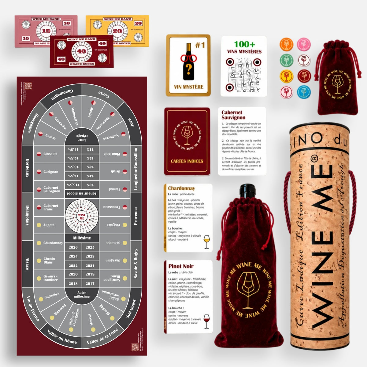 Jeu de société WINE ME Casino du Vin avec plateau de jeu, cartes, jetons, pochettes en velours et étui cylindrique en liège, présentés sur fond transparent.