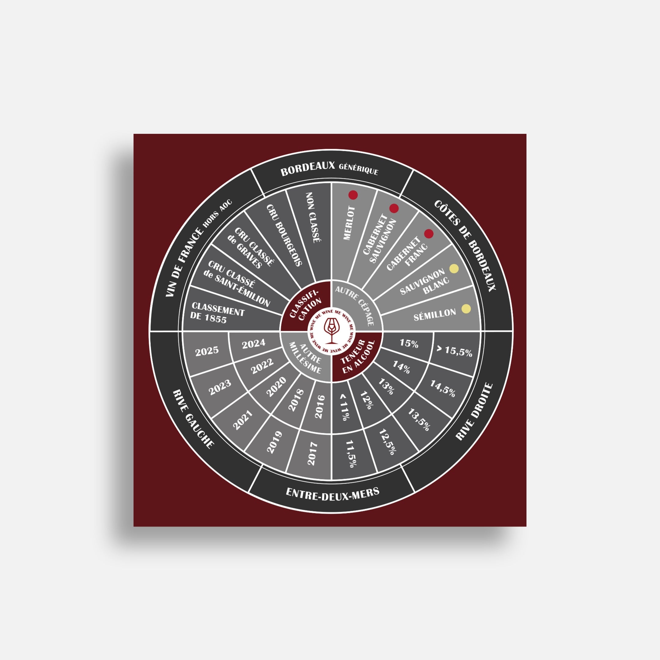 Tapis Casino du Vin WINE ME Bordeaux Grand Format 100 × 100 cm pour dégustation à l'aveugle des vins de Bordeaux