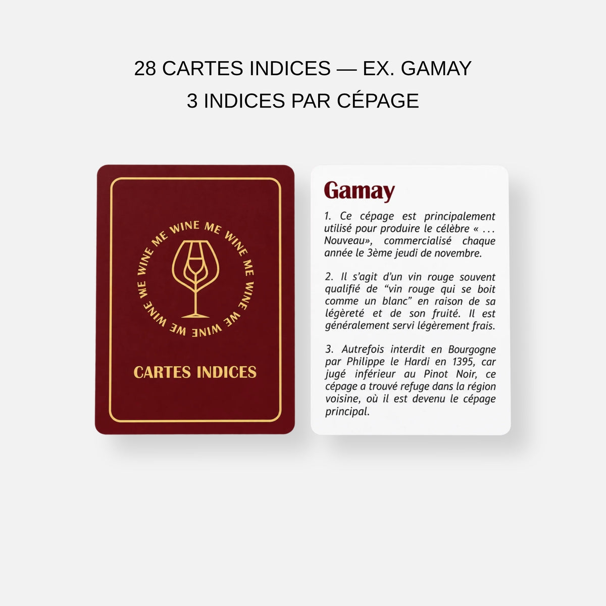 Cartes Indices Wine Me avec trois indices pour identifier chaque cépage, exemple Gamay