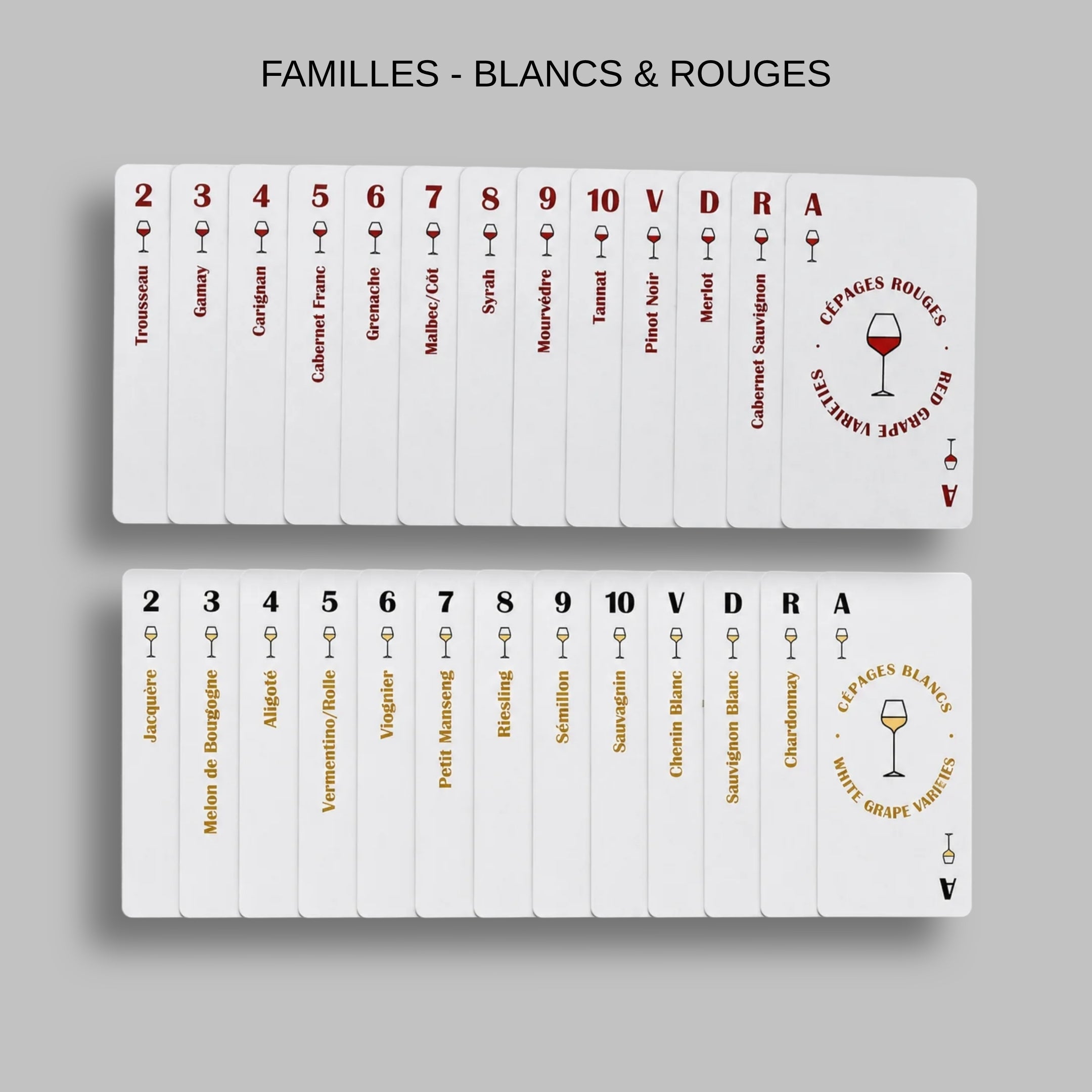 Cartes à jouer WINE ME® présentant les familles de cépages blancs et rouges