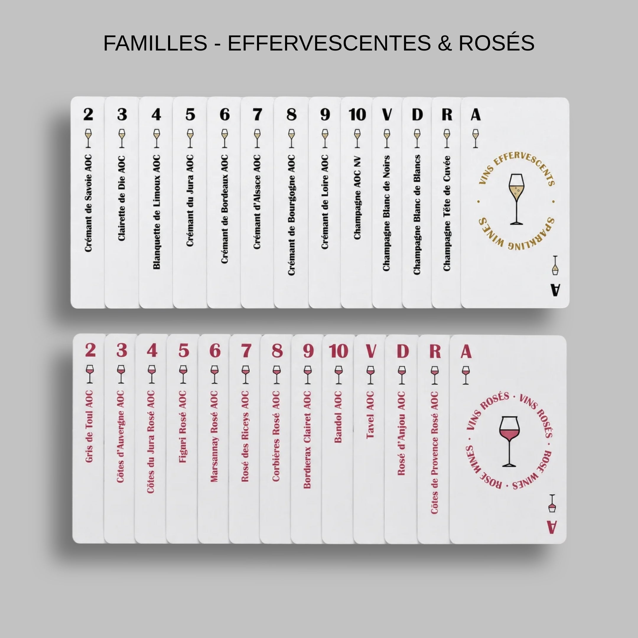 Cartes à jouer WINE ME présentant les familles de vins effervescents et rosés et leurs appellations