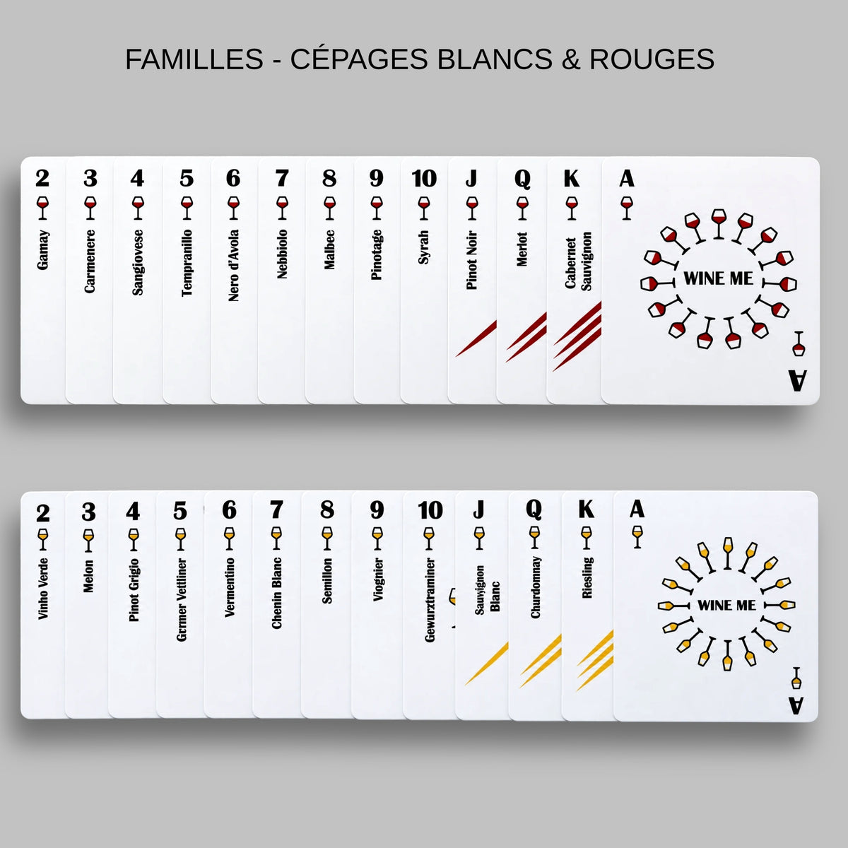 Jeu de cartes WINE ME International présentant les principaux cépages blancs et rouges du monde viticole