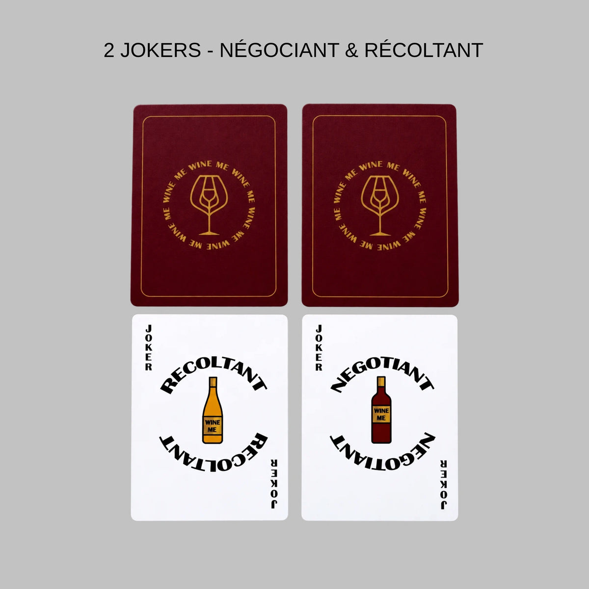 Jeu de cartes à jouer WINE ME International avec 2 jokers Négociant et Récoltant, dédié à l’univers du vin