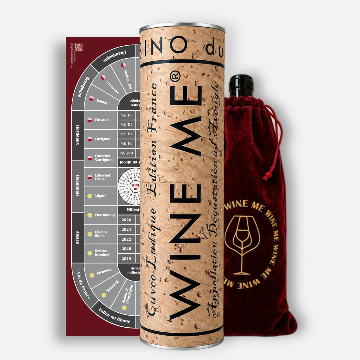 WINE ME Casino du Vin – jeu de dégustation à l’aveugle avec plateau de jeu, cartes Vins Mystères, cartes Cépage ID, cartes indices, jetons, pochettes en velours et tube de jeu.