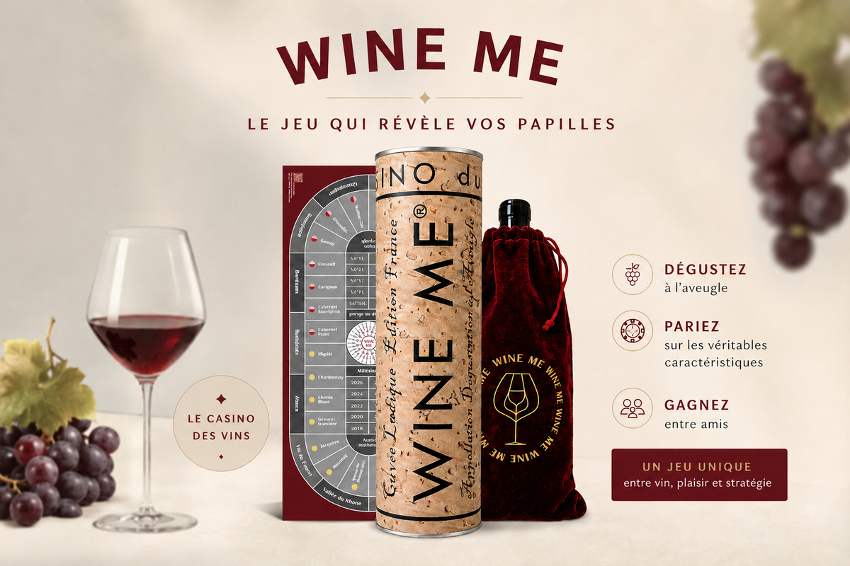Jeu de société WINE ME Le Casino des Vins avec plateau de jeu, tube et pochette en velours rouge