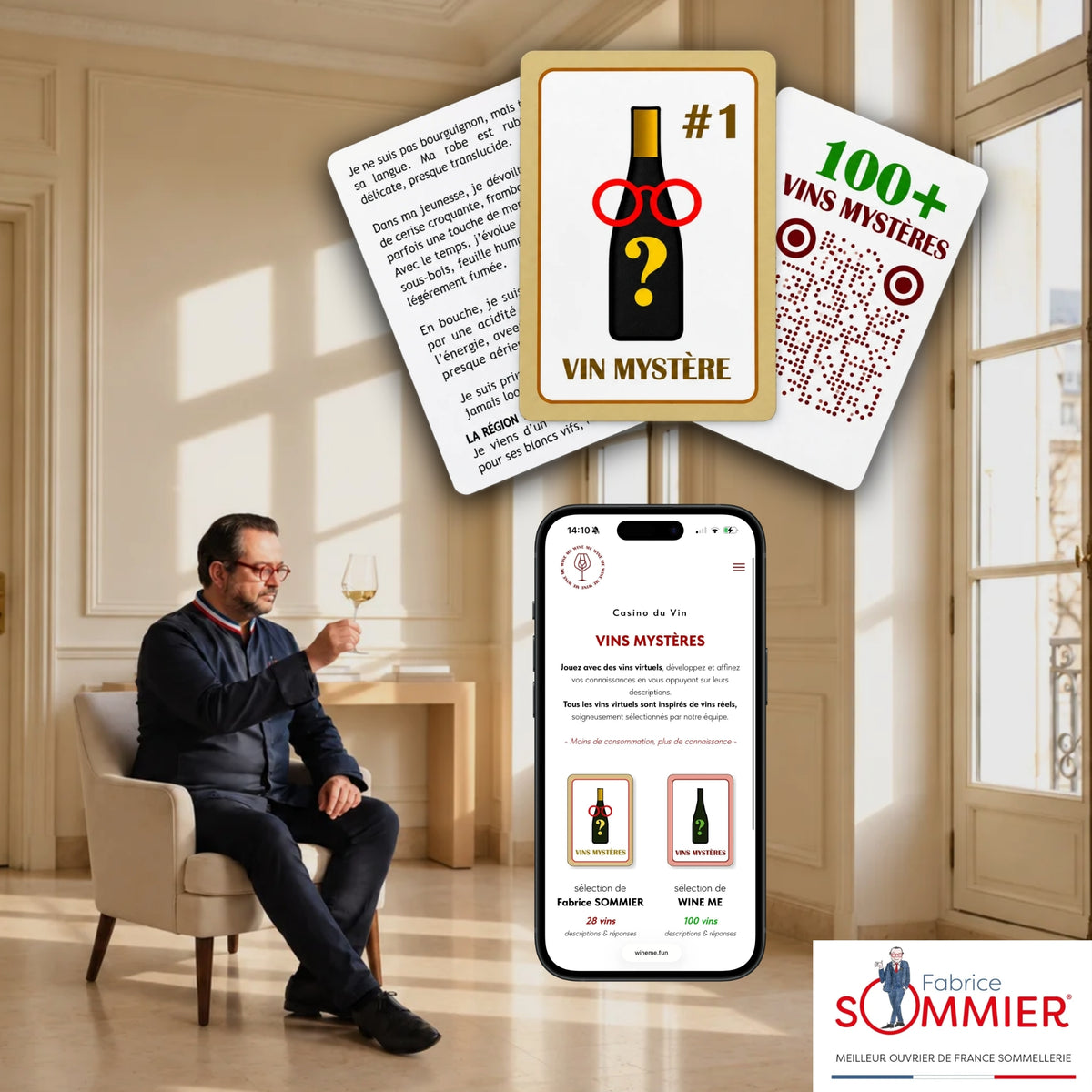 Jeu Wine Me avec cartes Vins Mystères, application et sélection de vins de Fabrice Sommier
